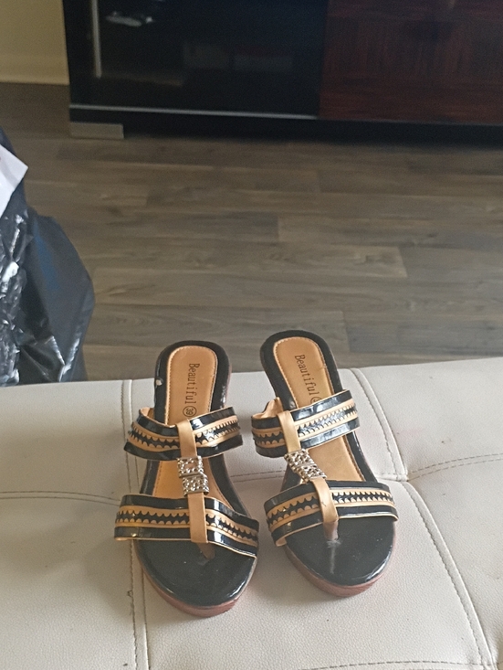 Here Beautiful! Shoes - Dressy Black and Gold Slip-On Mules with Decorative Accent